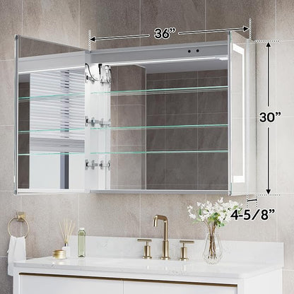 36" X 30" Bathroom LED Medicine Cabinet with Mirror, Medicine Cabinet with Lights, Bathroom Mirror with Storage, Dimmer, Defogger, Outlets & USB Ports, Double Doors