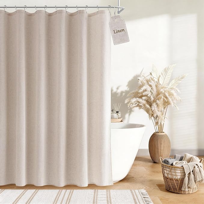 Extra Long Linen Shower Curtain for Bathroom 84 Inch Cream Beige | Weighted Tall XL Bath Curtain with Hooks, Water Repellent, Neutral Boho Farmhouse, Simple Luxury Shower Decor, 1 Panel, 72x84