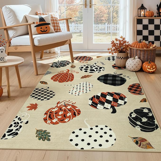 Tribesigns 3x5 Beige Halloween Fall Pumpkin Print Area Rug for Kitchen | Washable Non-Slip Low-Pile Autumn Thanksgiving Rug for Hallway, Entryway, Bedroom, Bathroom, Halloween Home Decor Indoor Rug