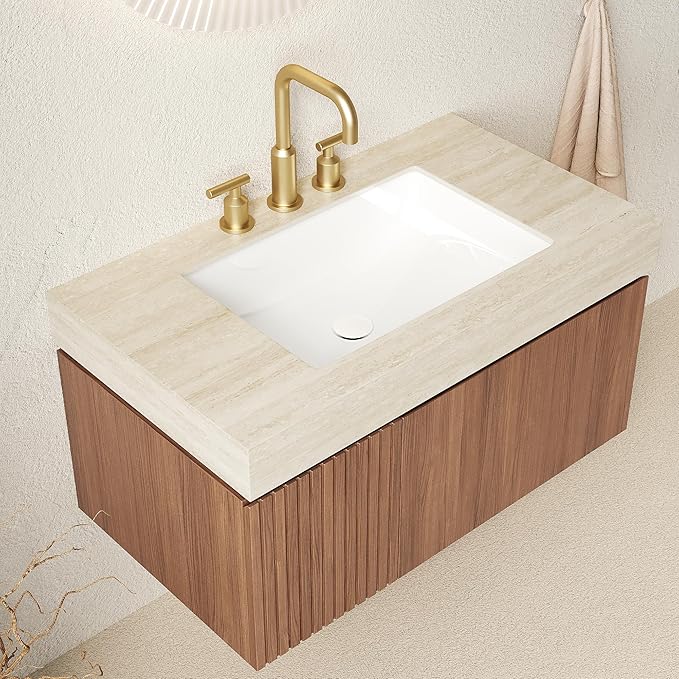 Ambrovina 36" Floating Bathroom Vanity with Sink, Modern Plywood Bathroom Storage Cabinet with Drawer and Door, Roma Travertine-Pattern Top with 3 Pre-drilled Faucet Holes Ceramic Basin, Dark Oak