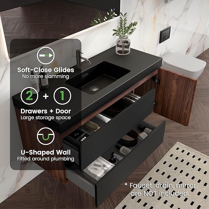 48 Inch Bathroom Vanity with Sink, Floating Bathroom Cabinet with 2 Soft-Closing Drawers & 1 Door, Large Storage for Apartment, Hotel, Walnut+Black, Black Sink(Already Assembled)