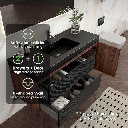 48 Inch Bathroom Vanity with Sink, Floating Bathroom Cabinet with 2 Soft-Closing Drawers & 1 Door, Large Storage for Apartment, Hotel, Walnut+Black, Black Sink(Already Assembled)