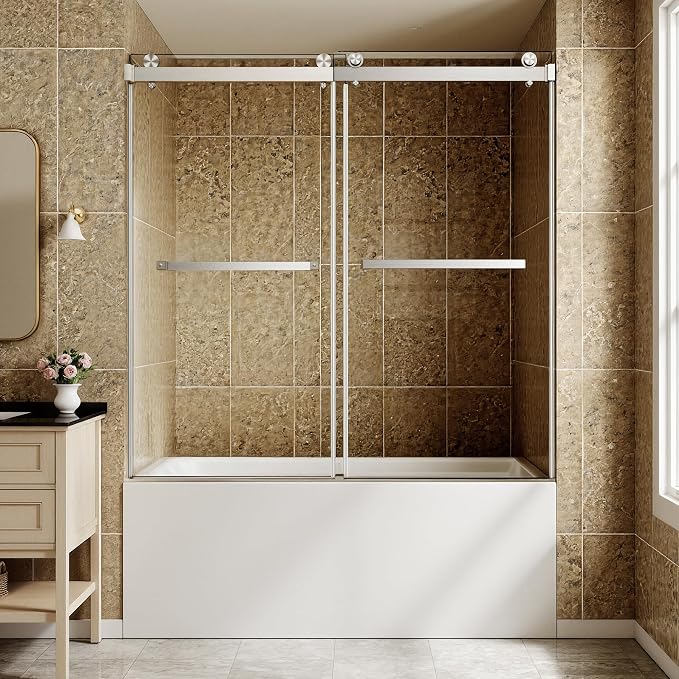 Frameless Stainless Steel Sliding Shower Door, 56-60" W x 60" H - 5/16" (8mm) Thick Tempered Glass Rust-Proof Glass Shower Door with Dual Tracks in Brushed Nickel