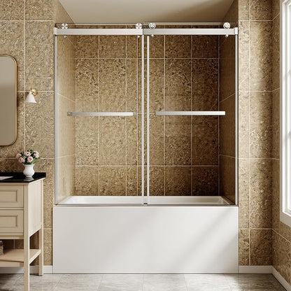 Frameless Stainless Steel Sliding Shower Door, 56-60" W x 60" H - 5/16" (8mm) Thick Tempered Glass Rust-Proof Glass Shower Door with Dual Tracks in Brushed Nickel