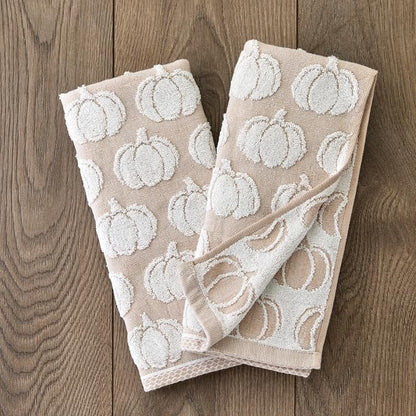 SKL Home Fall/Thanksgiving Pumpkin Hand Towel Set-2pc, Jacquard, Tan | 100% Cotton. Plush, absorbent & reversible. Great for use in the bathroom, kitchen, or bar. Also fun for Halloween & gifting.