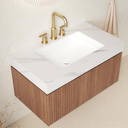 KEIKI 36 Inch Floating Bathroom Vanity with Sink, Brown Oak & White | Modern Wall Mounted Storage Cabinet w/ Drawer & Door, Pre-assembled Wood Panels, Sintered Stone Top & Ceramic Basin Combo Set