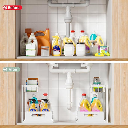 VUSIGN Under Kitchen Sink Organizer 2 Tier, Pull Out Bathroom Sink Organizers and Storage, Cabinet Kitchen Bathroom Storage Organization Shelf, 1 Pack White