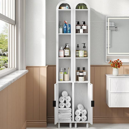 Narrow Bathroom Storage Cabinet Set, Tall Arched Small Wood Cabinet, Slim | Mid Century Modern White Towel Cabinet, Fluted Doors, 4 Tier Shelves, Wooden Display Cabinet for Living Room, Skinny, 2 Pcs