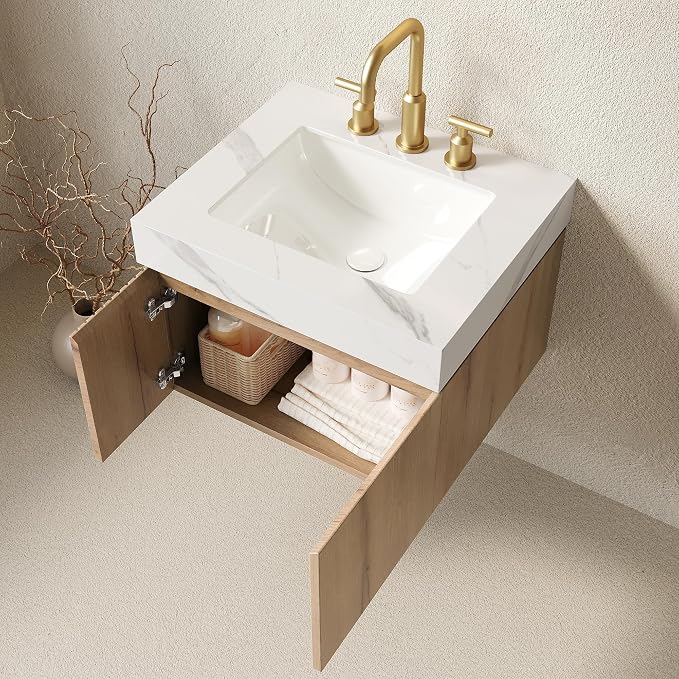 KEIKI 24 Inch Floating Bathroom Vanity with Sink, White Oak & White | Modern Wall Mounted Storage Cabinet with 2 Doors, Pre-assembled Wood Panels, Sintered Stone Top & Ceramic Basin Combo Set