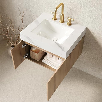 KEIKI 24 Inch Floating Bathroom Vanity with Sink, White Oak & White | Modern Wall Mounted Storage Cabinet with 2 Doors, Pre-assembled Wood Panels, Sintered Stone Top & Ceramic Basin Combo Set
