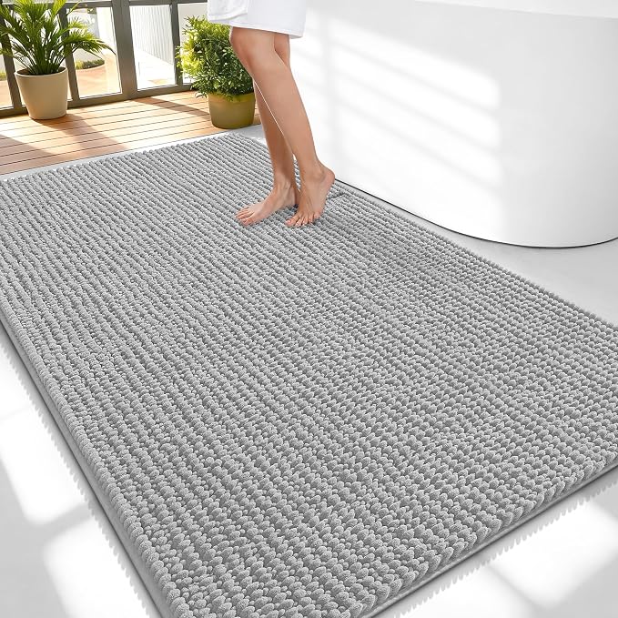 OLANLY Thick Chenille Large Bathroom Rugs Mats 59x35, Light Grey | Soft Absorbent Bath Rugs, Rubber Backing, Machine Wash Dry, Bath Mats for Bathroom, Tub and Shower, Home Decor Accessories