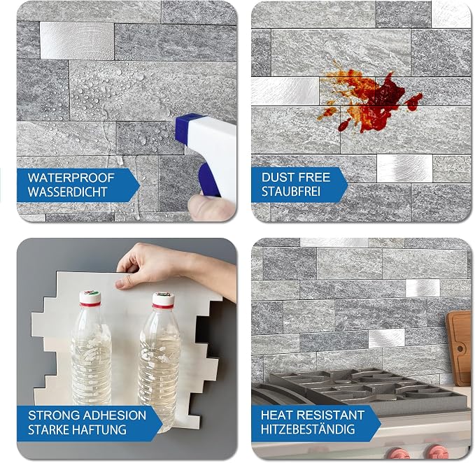 Stone Peel Stick Backsplash Tiles Kitchen Wall Gray Silver 5pcs