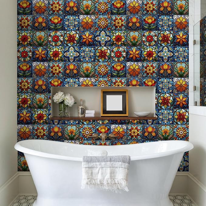 Easy Peel Stick wall Tile Stickers 6x6in Stick on backsplash Tiles,12Pcs | removable 3D tile for kitchen RV bathroom laundry backsplash decor,Ultra-high-definition printed Stained Glass pattern