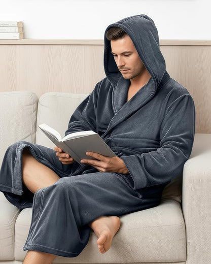 NY Threads Mens Robe with Hood, Luxury Plush Fleece Hooded Mens Bathrobe, Spa Bath Robe for Men