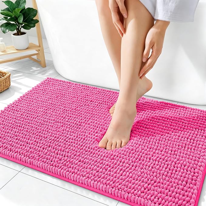 OLANLY Thick Chenille Absorbent Bathroom Rugs Mat 36x24, Hot Pink | Soft Bath Rugs, Rubber Backing, Machine Wash Dry, Bath Mats for Bathroom, Tub and Shower, Home Decor Accessories