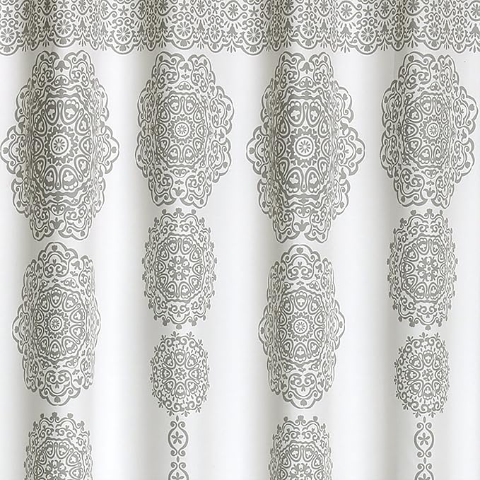 Lush Decor, Gray Stripe Medallion Shower Curtain-Fabric Mandala Bohemian Damask Print Design - 72" x 72"