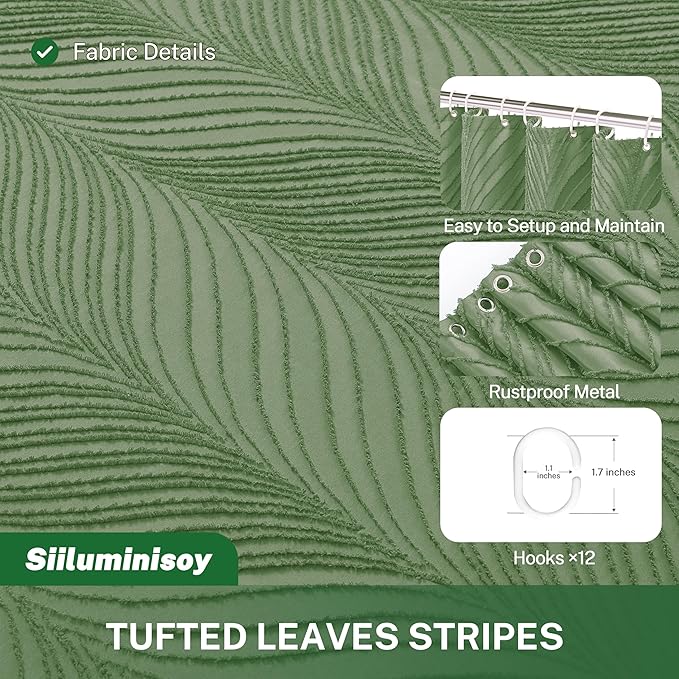 Extra Long Boho Shower Curtain - Woven Fabric Cute 84 Inch Sage Green, 72 x 84 Tufted Leaves Textured Striped Modern Farmhouse Minimalist Cloth for Bathroom