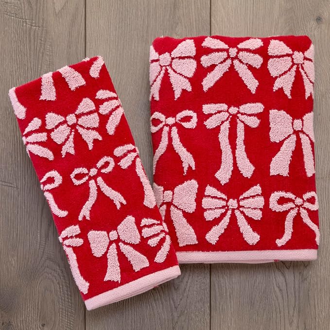 SKL Home Christmas Bow Hand Towel Set-2pc, 100% Cotton Jacquard, Red/Pink | 500 GSM. Soft, absorbent & reversible. For use in the bathroom, kitchen, or bar. Fun for Valentine's décor & holiday gifting.