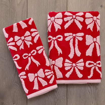 SKL Home Christmas Bow Hand Towel Set-2pc, 100% Cotton Jacquard, Red/Pink | 500 GSM. Soft, absorbent & reversible. For use in the bathroom, kitchen, or bar. Fun for Valentine's décor & holiday gifting.