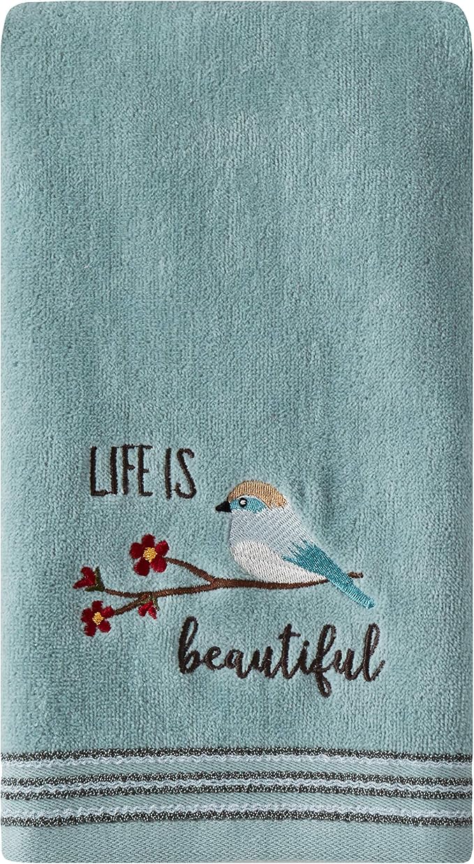 SKL Home by Saturday Knight Ltd. Life Is Beautiful 2 Pc Hand Towel Set, Aqua | 100% Cotton. Soft, decorative velour. For use in the bathroom, kitchen or bar & makes a great gift.