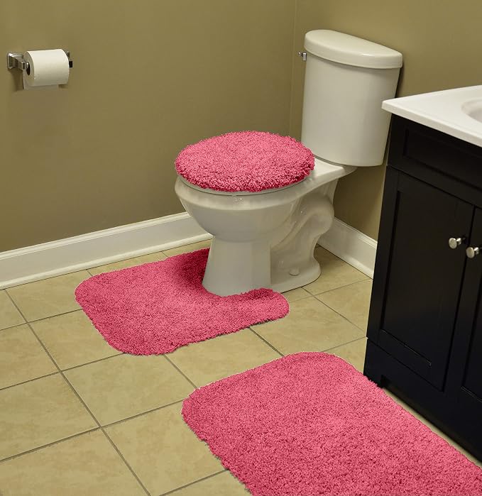 Garland Rug Jazz Nylon Washable 3 Piece Set (Lid, Contour, 21" x 34" Mat) Pink Bath Rugs Soft, Absorbent, and Stylish for Your Bathroom