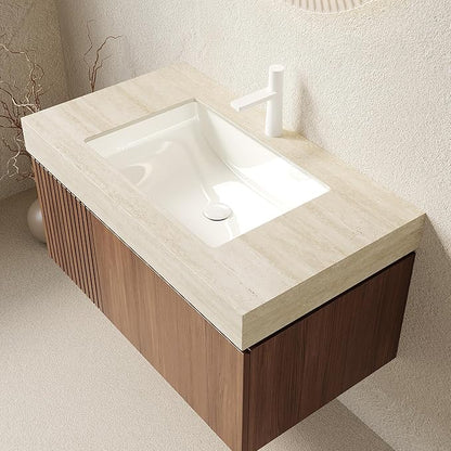 KEIKI 36 Inch Floating Bathroom Vanity with Sink, Modern Wall Mounted Storage Cabinet with Drawer, Pre-assembled Waterproof Wood Panels, Sintered Stone Top & Ceramic Basin Combo Set, Brown Oak & Beige
