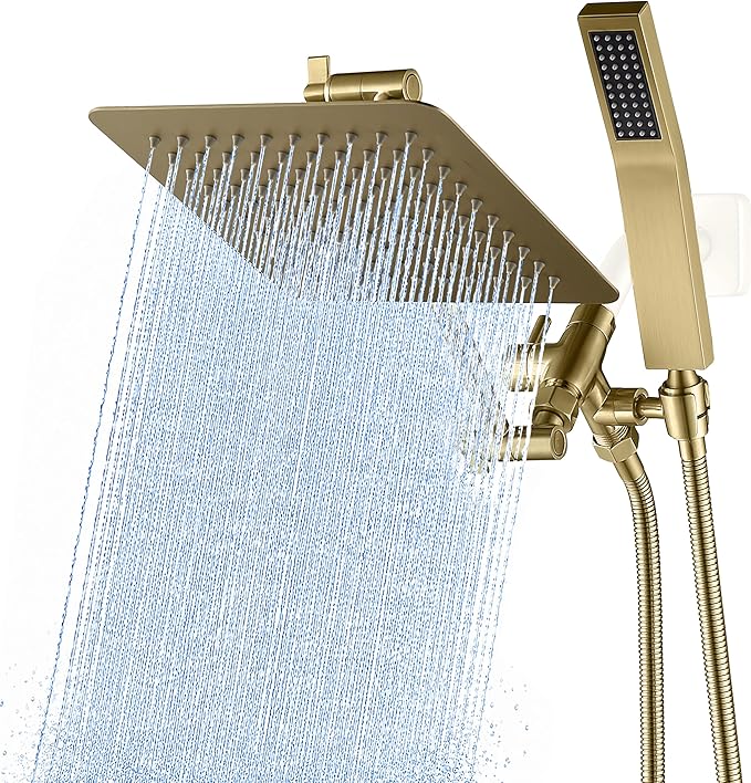 G-Promise All Metal 8-Inch Dual Square Shower Head Combo, Rain Shower Head, Handheld Shower Wand with 71-Inch Extra Long Hose, 3-Way Diverter, Adjustable Extension Arm, Brushed Gold | Built to Last, Easy Install, Adjustable Height & Angle for All Heigh...