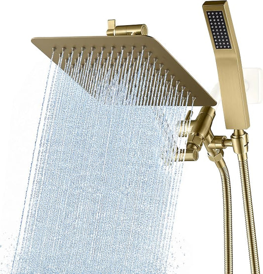 G-Promise All Metal 8-Inch Dual Square Shower Head Combo, Rain Shower Head, Handheld Shower Wand with 71-Inch Extra Long Hose, 3-Way Diverter, Adjustable Extension Arm, Brushed Gold | Built to Last, Easy Install, Adjustable Height & Angle for All Heigh...