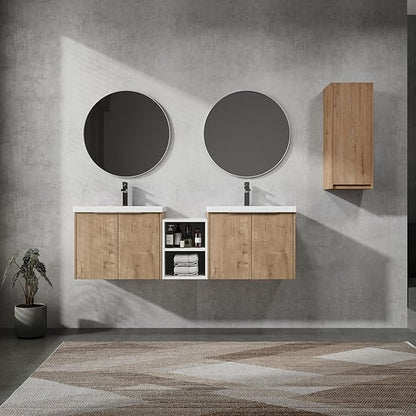 SSLine 60-Inch Double Sink Vanity Modern Wall Mounted Bathroom Vanity with Double Sink 60" Large Floating Bathroom Vanities Set with White Open Storage Shelf & 1 Side Cabinet,Brown White