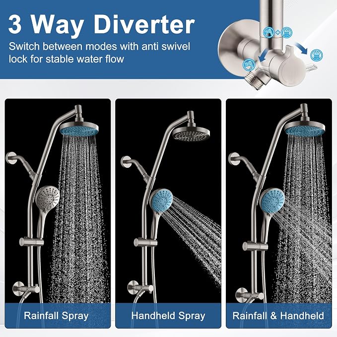 BRIGHT SHOWERS Rain Shower Head with Handheld Combo, Dual Shower System with Slide Bar, Rain Shower System, Adjustable Height, Brass Slide Bar & Diverter, 60 Inch Stainless Steel Hose, Brushed Nickel