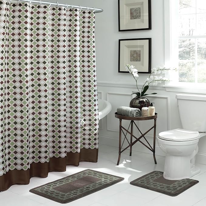 15-Piece Bathroom Shower Curtain Set – Set of 1 Shower Curtain & 12 Metal Hooks & 1 Bath Mat & 1 Contour Mat, Modern Bathroom Décor, Machine Washable, Christine Chocolate/Sage