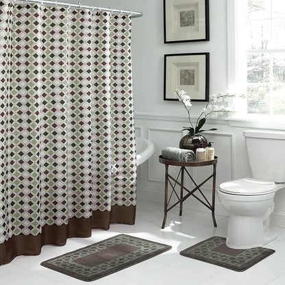15-Piece Bathroom Shower Curtain Set – Set of 1 Shower Curtain & 12 Metal Hooks & 1 Bath Mat & 1 Contour Mat, Modern Bathroom Décor, Machine Washable, Christine Chocolate/Sage