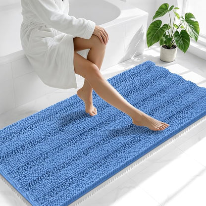 Smiry Thick Chenille Bathroom Runner Rugs 59x24, Bath Mat, Cornflower Blue | Quick‑Dry & Machine Washable, Non‑Slip Bath Carpet, Soft Striped Bath Rugs for Tub & Shower, Modern Home Decor Accessories