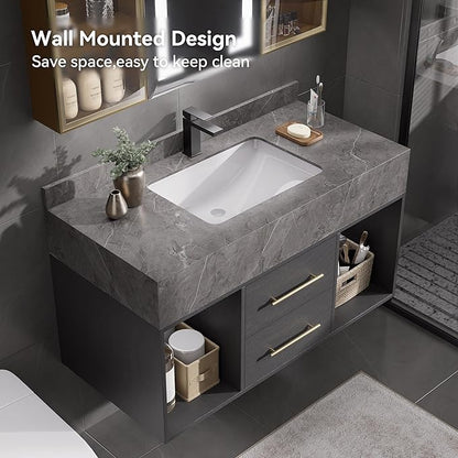 homary 39.4" Floating Bathroom Vanity with Sink, Modern Wall-Mounted Vanity Bathroom Cabinet with Sintered Stone Countertop, Undermount Sink & Black, 2 Open Storage Shelves
