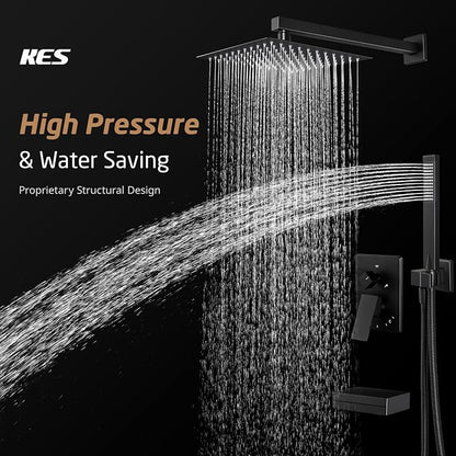 KES Shower System with Tub Spout, Matte Black Shower Faucet Set Complete 10 Inch Rain Shower Head with Handheld Spray and Waterfall Bathtub, cUPC Pressure Balance Shower Valve Trim Kit, XB6305F18-BK