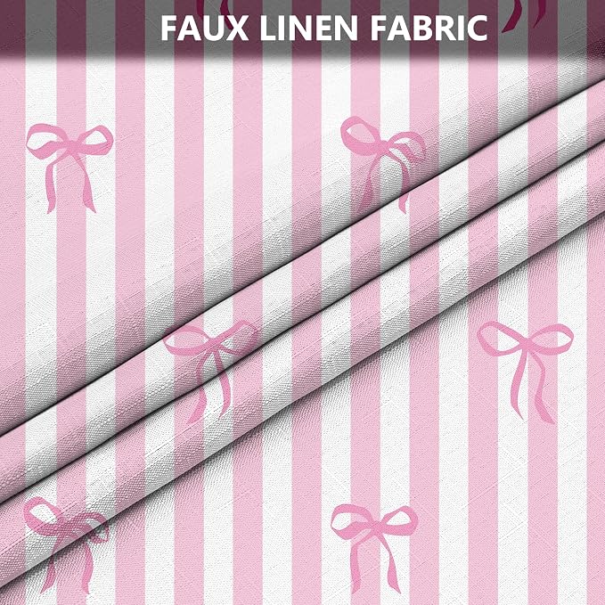 Tititex Cute Candy Cane Striped Pink Bow 140gsm Faux Linen Fabric Shower Curtain, White Pink Elegant Classic Shower Curtain Sets Decoration 72x72 Inch with Hooks