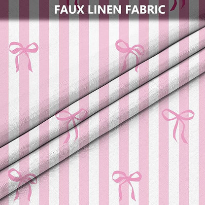 Tititex Cute Candy Cane Striped Pink Bow 140gsm Faux Linen Fabric Shower Curtain, White Pink Elegant Classic Shower Curtain Sets Decoration 72x72 Inch with Hooks