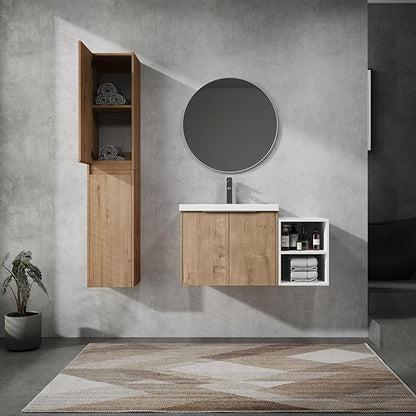 SSLine 36-Inch Single Bathroom Vanity Modern Wall Mounted Bathroom Vanity with Sink 36" Small Floating Bathroom Vanities Set with White Open Storage Shelf & 2 Side Cabinets,Brown White