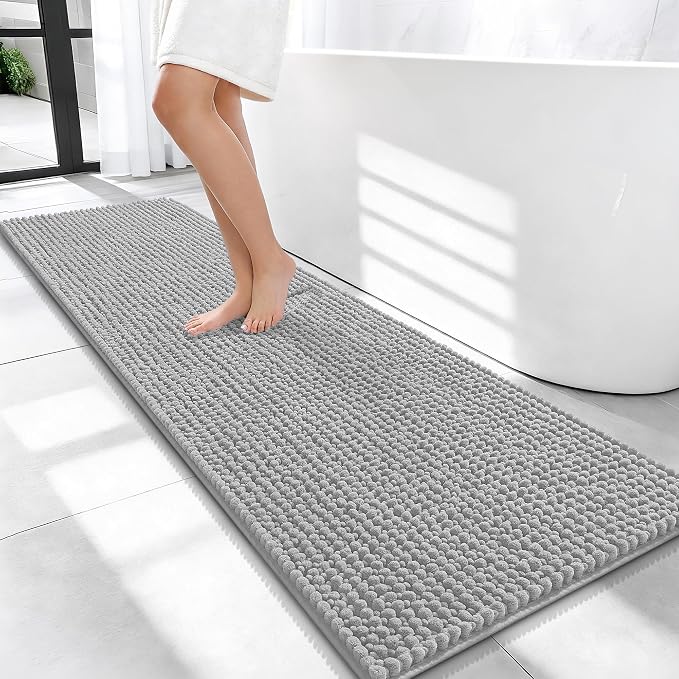 OLANLY Thick Chenille Bathroom Runner Rugs Mats 59x20, Light Grey | Soft Absorbent Bath Rugs, Rubber Backing, Machine Wash Dry, Bath Mats for Bathroom, Tub and Shower, Home Decor Accessories