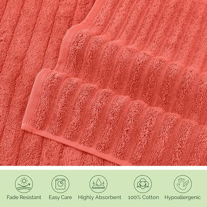 Elegant Comfort Luxury 100% Turkish Cotton Corduroy Ribbed 4 Pack Hand Towel Set 16 x 28 Inch - Absorbent, Super Soft, Quick Dry, Premium Towels for Bathroom, Gym, Spa and Hotel Use, Coral