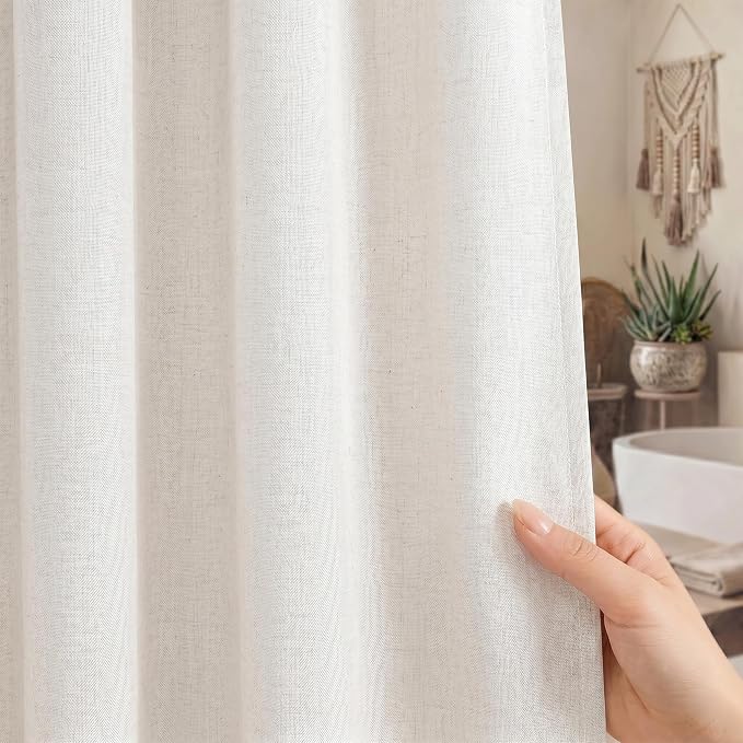 Seasonwood Cream Linen Shower Curtain Farmhouse Bathroom Decor 60x72 Inches | Boho Bathroom Decor,12 Sturdy Stainless Steel Sliding Hangers,Rustic Country Style,Linen Shower Curtains for Bathroom
