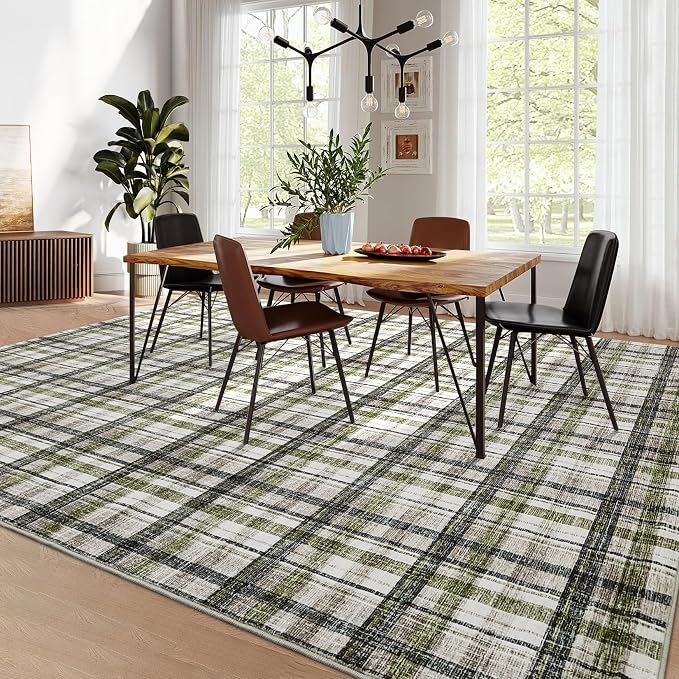 Washable Rugs 9x12 Area Rug for Bedroom Modern Farmhouse Non Slip Throw Rugs Large Living Room Rug Low Pile Soft Stain Resistant Carpet for Dining Room Office, 9'x12' Green&Taupe