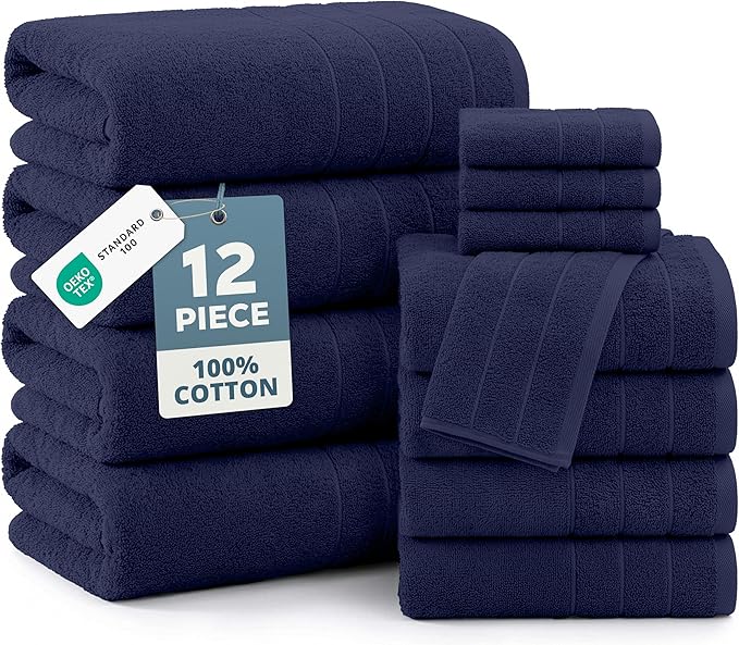 Casa Platino Bathroom Towel Set 12 Piece Soft Absorbent Quick Dry - Navy | Bath Towel Sets For Bathroom - Coordinated Colors, Dobby Border Accent, OEKO-TEX Certified, Ring-Spun Durability