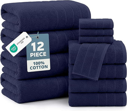 Casa Platino Bathroom Towel Set 12 Piece Soft Absorbent Quick Dry - Navy | Bath Towel Sets For Bathroom - Coordinated Colors, Dobby Border Accent, OEKO-TEX Certified, Ring-Spun Durability