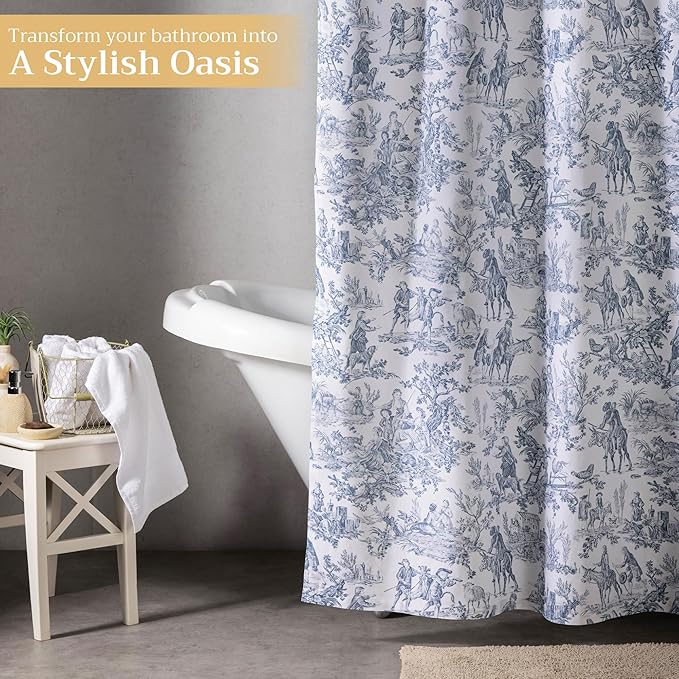 Maison d' Hermine Shower Curtain 100% Cotton One Panel 70"x72" Washable Fabric Shower Curtains for Bathroom, Easy Hanging with 12 Button Holes - Home Hotel Spa Easter Gifts (The Miller - Blue)