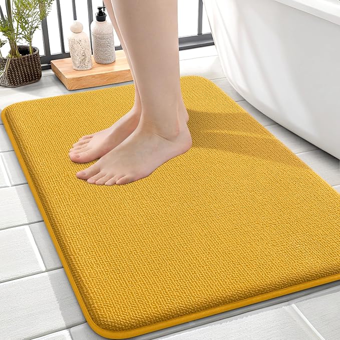 OLANLY Memory Foam Small Bathroom Rugs 24x16, Absorbent Mat, Golden Yellow | Soft Quick Dry Bath Rugs, Non-Slip Carpet, Machine Washable Mat for Bathroom Floor, Tub and Shower, Home Decor Accessories