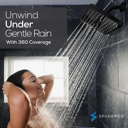SparkPod Rain Shower Head, 8 Inch Square, Midnight Black Matte Finish | High Pressure Shower Heads, 90 Nozzles, Adjustable Showerhead, No Tools Needed, Universal Connection