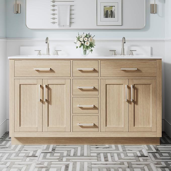 60-Inch Bathroom Vanity with Double Sinks W/ 4 Doors & 4 Drawers & 2 Flip Drawers, Oak Vanity W/Brushed Nickel Handles