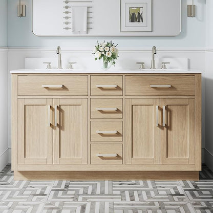 60-Inch Bathroom Vanity with Double Sinks W/ 4 Doors & 4 Drawers & 2 Flip Drawers, Oak Vanity W/Brushed Nickel Handles