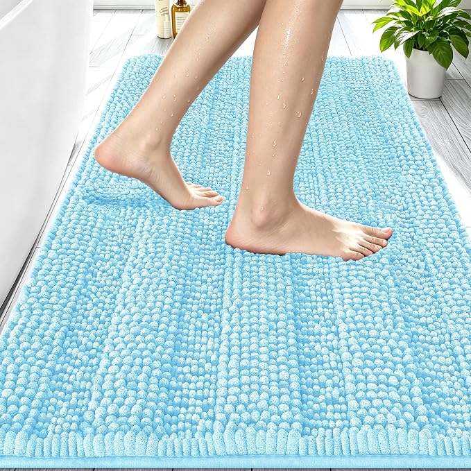 Smiry Thick Chenille Bathroom Rugs 30x20, Soft Absorbent Bath Mat, Sky Blue | Quick‑Dry & Machine Washable, Non‑Slip Bath Carpet, Striped Bath Rugs for Tub & Shower, Modern Home Decor Accessories